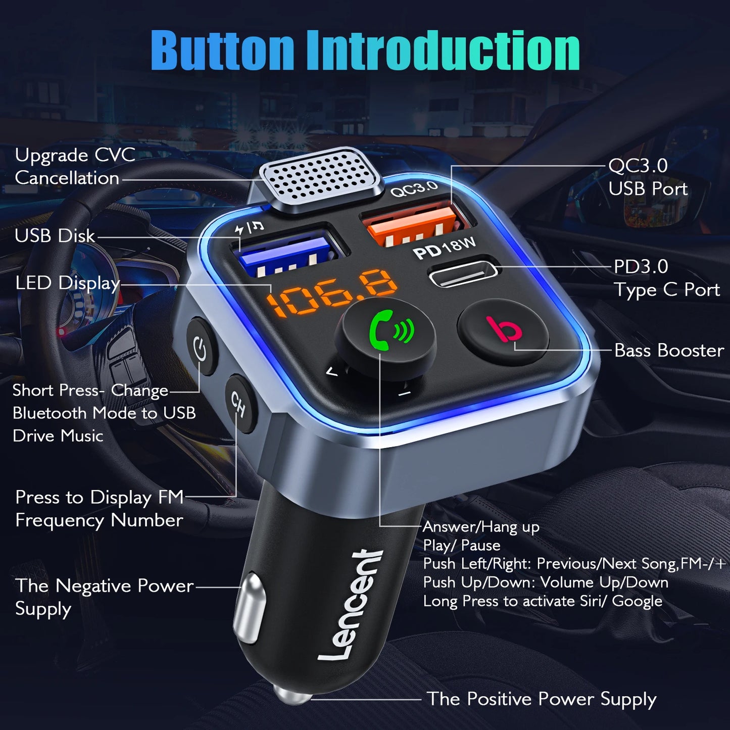 Wireless Bluetooth 5.0 FM Transmitter Car Kit with Type-C PD 20W and QC3.0 Fast USB MP3 Player