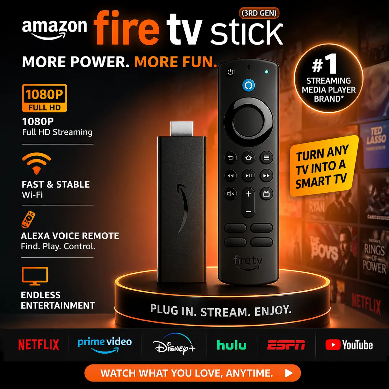 Amazon Fire TV Stick (3rd Generation) with Alexa Voice Remote, Free Live TV, HD Picture Quality, and Simple Setup
