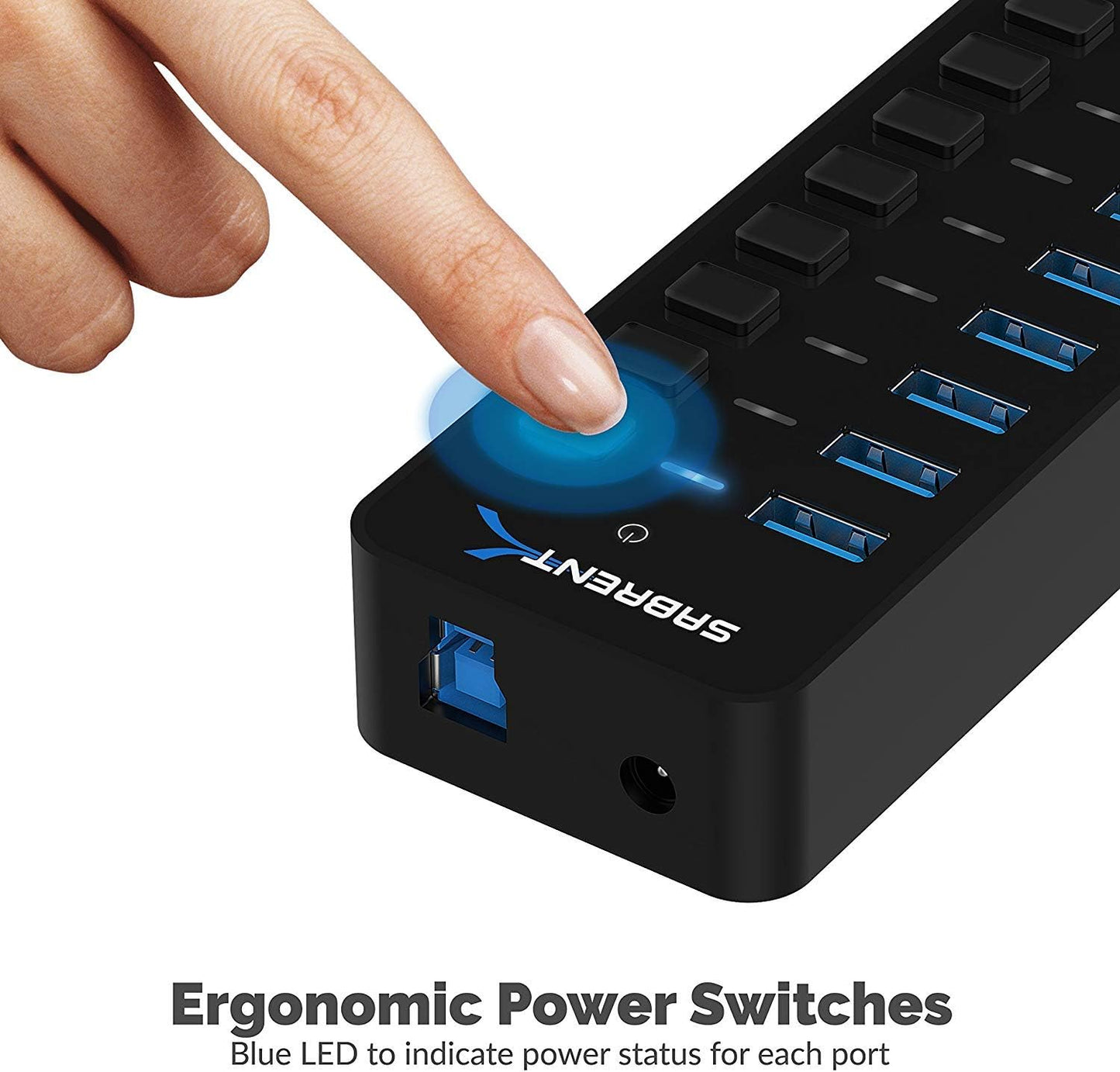 10-Port USB 3.0 Hub with Individual Power Switches and LEDs, Featuring 60W 12V/5A Power Adapter (Model HB-BU10)