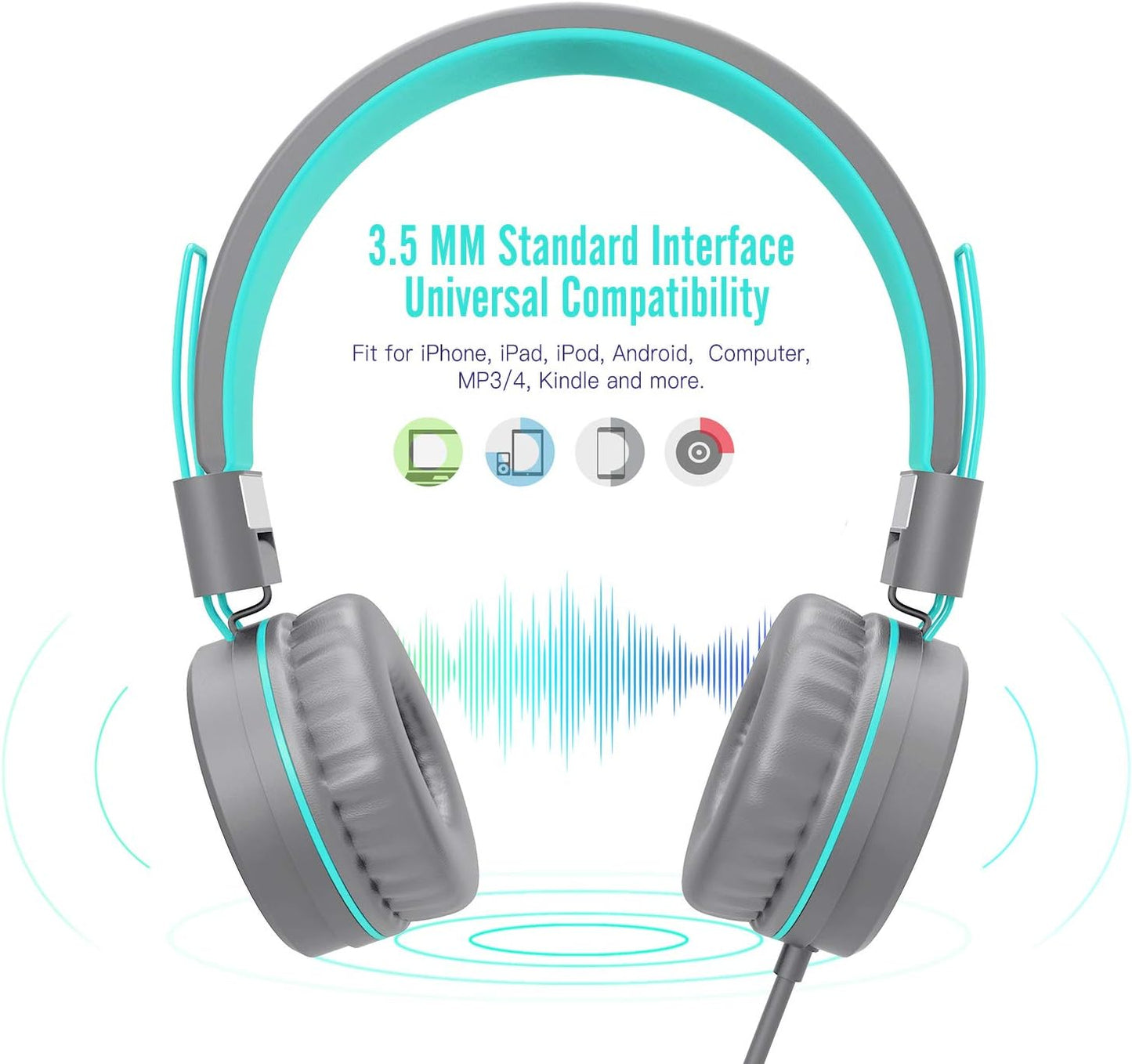 K8 Wired Headphones for Kids with Adjustable Headband and 3.5mm Jack - Foldable On-Ear Headset for School, Travel, and Compatible with Kindle, Tablets, and Cellphones (Dark Gray)
