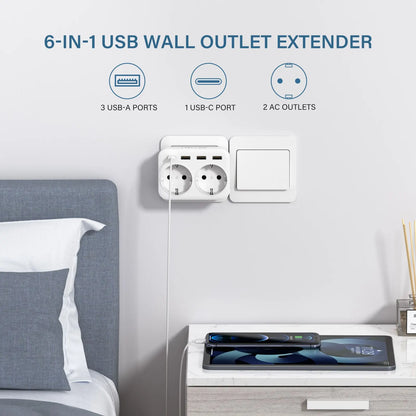LENCEN EU Wall Socket Extender with Dual AC Outlets, Three USB Ports, and 5V 2.4A Type-C Power Charger Adapter featuring Overload Protection for Home and Office Use