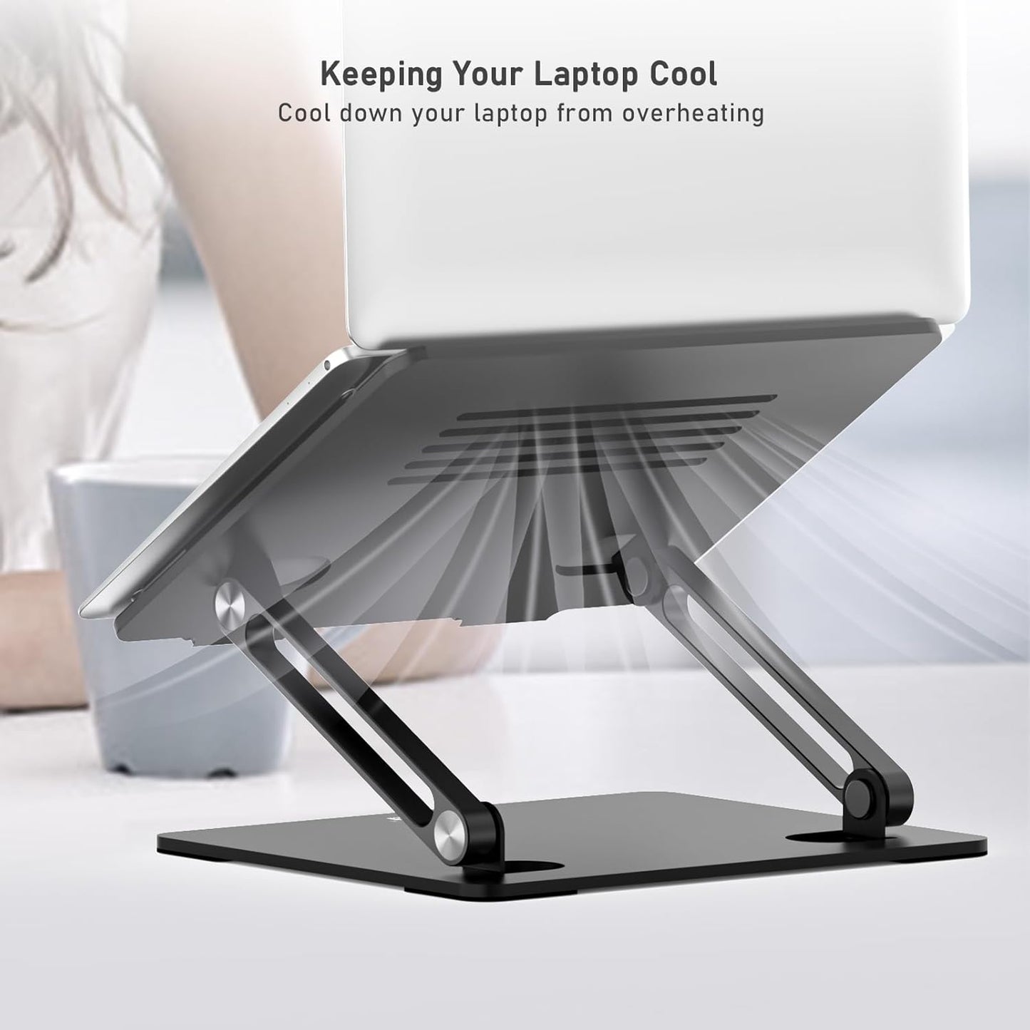 Adjustable Laptop Stand with Non-Slip Silicone and Protective Hooks, Compatible with Laptops up to 17 Inches, Ideal for MacBook - Black