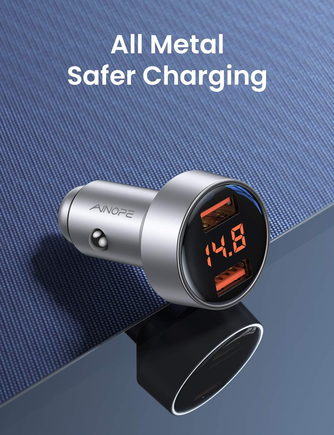 Dual QC3.0 6A/36W USB Car Charger Adapter with Voltage Display, All-Metal Design, Compatible with iPhone 11/11 Pro/Xr/X/Xs/8 and Galaxy Note 8/S9/S10+/S8 - Silver