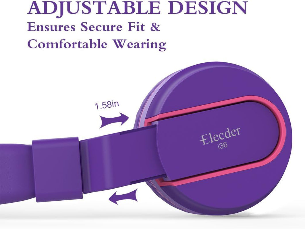 I36 Foldable Adjustable Kids Headphones for Boys and Girls - Compatible with 3.5mm Devices including Cellphones, Computers, and Tablets - Purple/Red