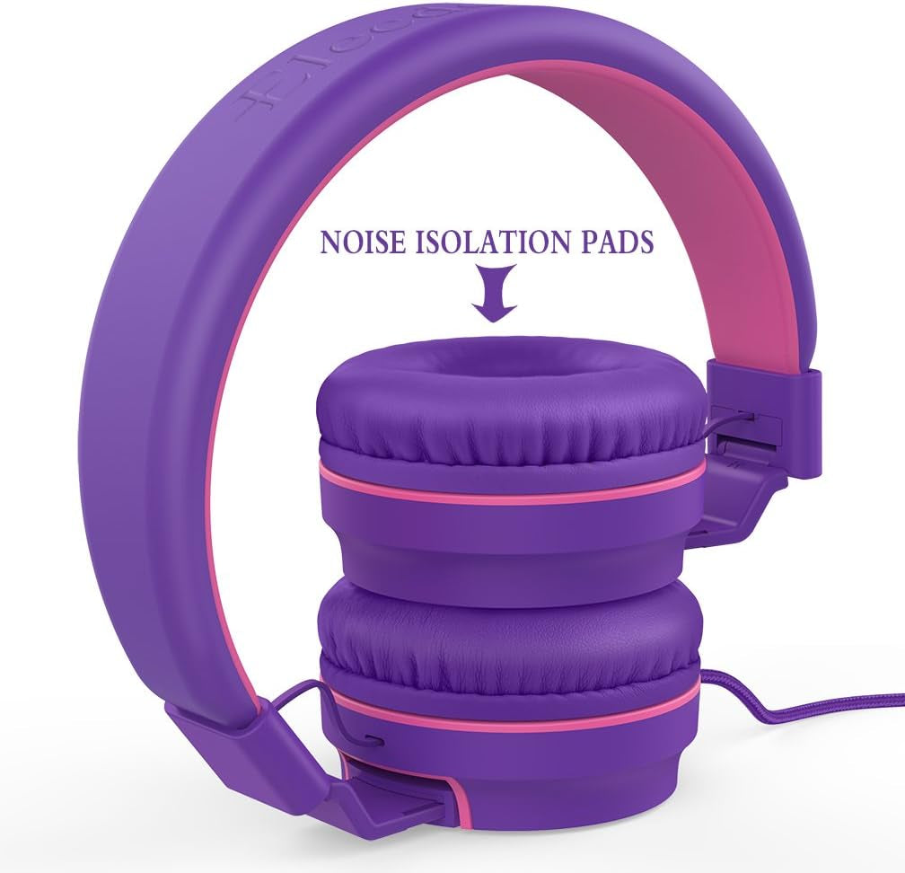 I36 Foldable Adjustable Kids Headphones for Boys and Girls - Compatible with 3.5mm Devices including Cellphones, Computers, and Tablets - Purple/Red