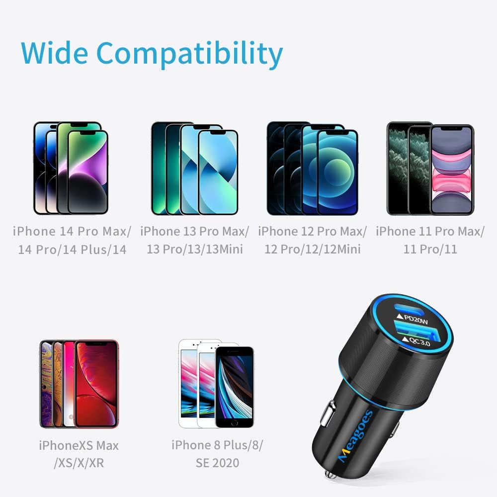 20W USB-C Car Charger with PD Rapid Charging Adapter and MFi Certified Type C to Lightning Cable (3-3.3Ft) - Compatible with Apple iPhone 14 Pro Max/14 Pro/14 Plus/14/13/12/Mini/11/Xs/Xr/X/8 Plus/SE 3
