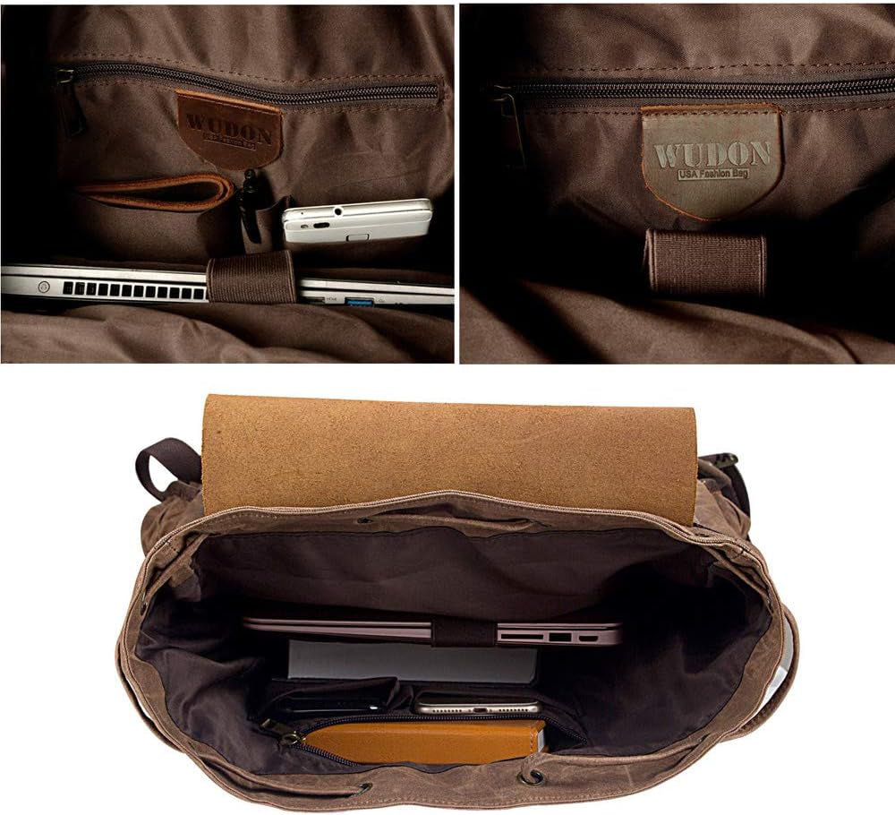 Men's Leather and Waxed Canvas Travel Backpack with Shoulder Strap