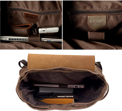 Men's Leather and Waxed Canvas Travel Backpack with Shoulder Strap
