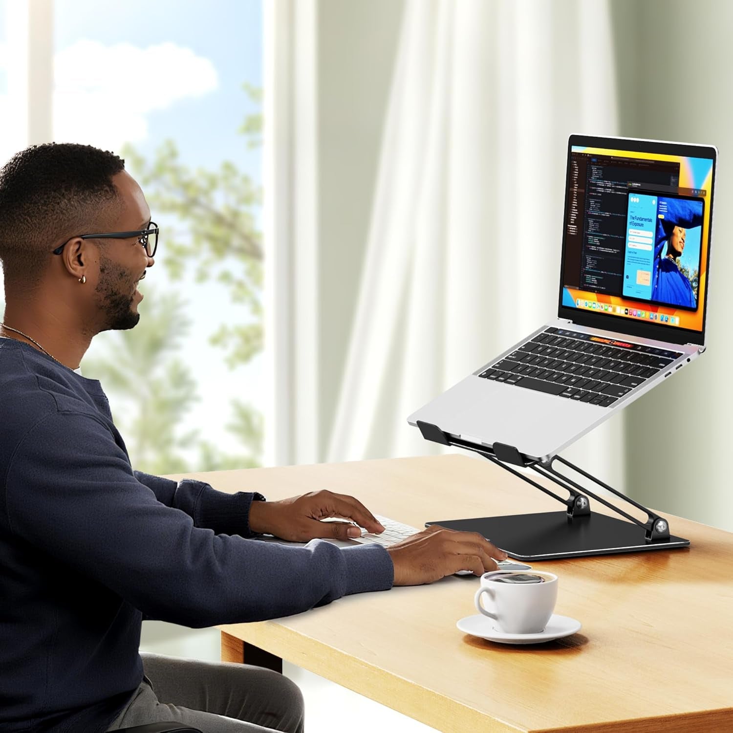 LS10 Ergonomic Adjustable Laptop Stand for Desk - Foldable and Portable Notebook Holder Compatible with 10-14" Laptops, Black