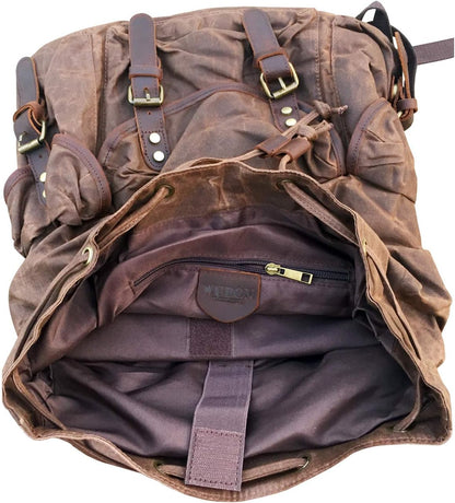 Men's Leather and Waxed Canvas Travel Backpack with Shoulder Strap