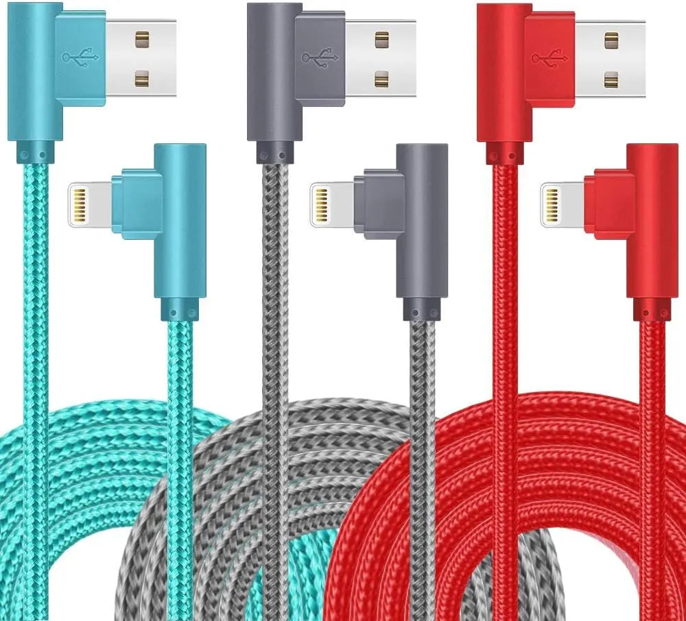 Right Angle Lightning Cable 3-Pack - 90 Degree 6FT Nylon Braided Fast Charging Cord, Compatible with iPhone 14/13/12/11/XS/MAX/X/8/7/6 and Other Electronic Devices, Durable Charging Solution for Gaming and More