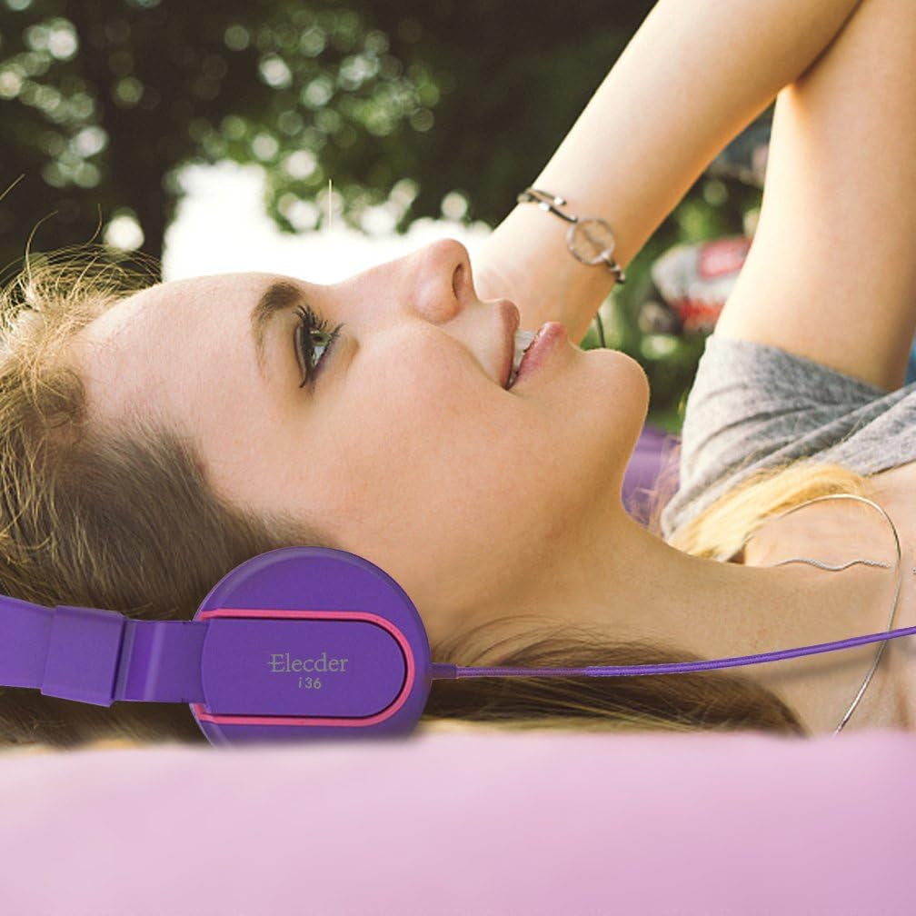 I36 Foldable Adjustable Kids Headphones for Boys and Girls - Compatible with 3.5mm Devices including Cellphones, Computers, and Tablets - Purple/Red