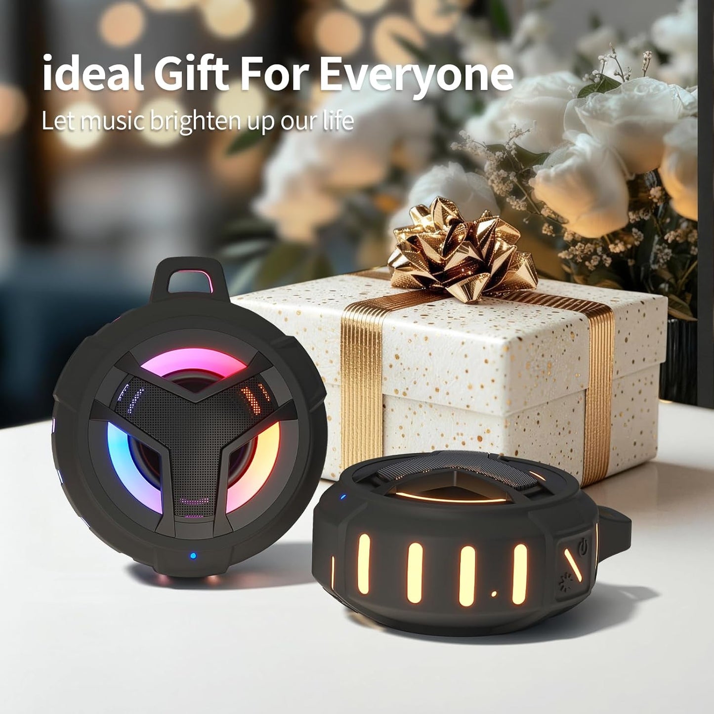 Bluetooth Shower Speaker - Portable IP67 Waterproof Wireless Speaker with LED Light, Floating Design, 2000mAh Battery, True Wireless Stereo for Kayaking and Beach Use - Black