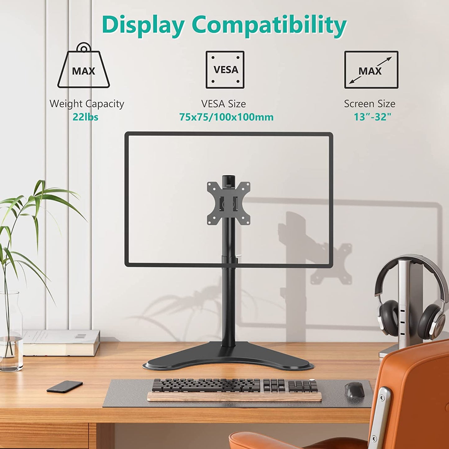 Single Monitor Stand up to 32 Inch Screens, Freestanding Single Monitors Arm Desk Mount, Universal VESA Monitor Mount 75X75/100X100Mm, Adjustable Height and Angle (MF001), Black