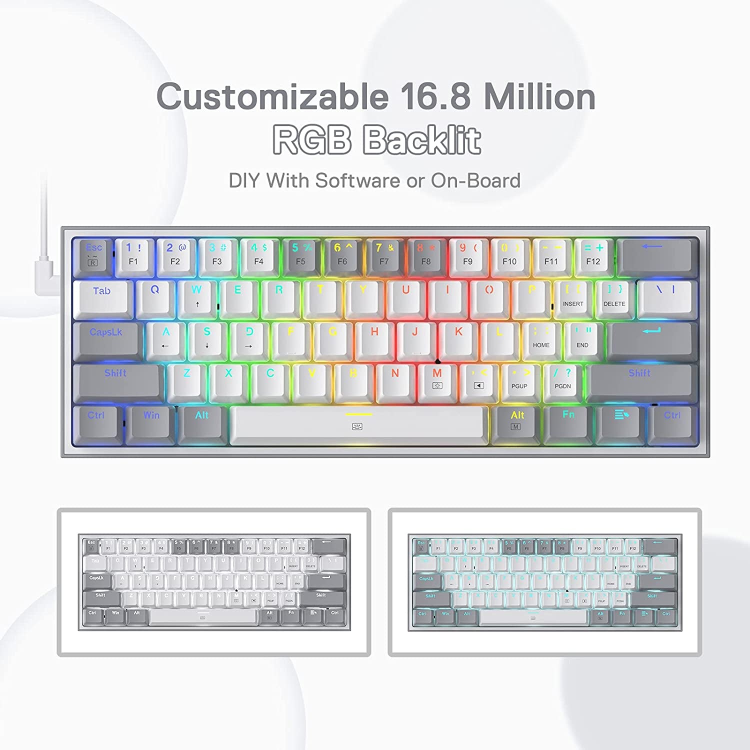 K617 Fizz 60% Wired RGB Mechanical Gaming Keyboard - 61 Keys Hot-Swap Compact Design with White and Grey Keycaps, Linear Red Switch, and Professional Driver/Software Support