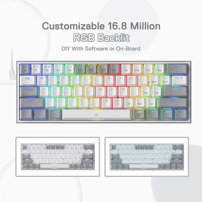 K617 Fizz 60% Wired RGB Mechanical Gaming Keyboard - 61 Keys Hot-Swap Compact Design with White and Grey Keycaps, Linear Red Switch, and Professional Driver/Software Support