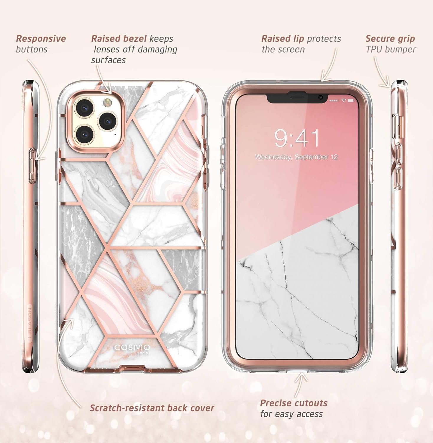 Cosmo Series Slim Full-Body Protective Case with Built-In Screen Protector for iPhone 11 Pro Max (Marble)