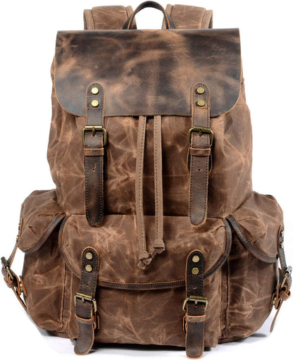 Men's Leather and Waxed Canvas Travel Backpack with Shoulder Strap
