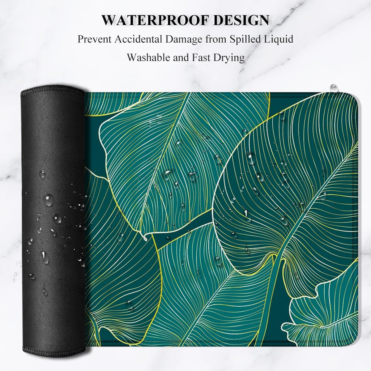 XL Extended Gaming Mouse Pad - 31.5 x 11.8 Inch Waterproof Desk Mat with Stitched Edges and Non-Slip Base, Teal Tropical Leaves Design for Office and Home Use