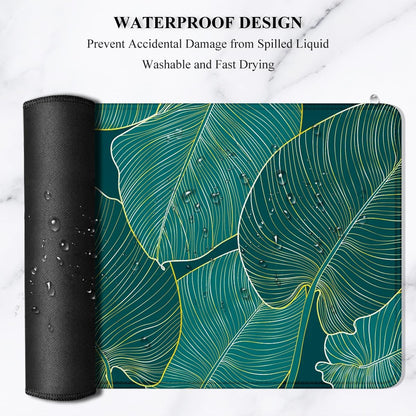 XL Extended Gaming Mouse Pad - 31.5 x 11.8 Inch Waterproof Desk Mat with Stitched Edges and Non-Slip Base, Teal Tropical Leaves Design for Office and Home Use