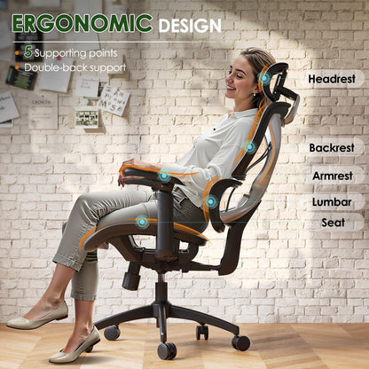 Ergonomic Mesh Office Chair for Big and Tall Users with Lumbar Support, 3D Adjustable Armrests, 215° Rotation, Adjustable Headrest, and Comfortable Seat, Supports Up to 350 lbs, Ideal for Work and Gaming, Grey