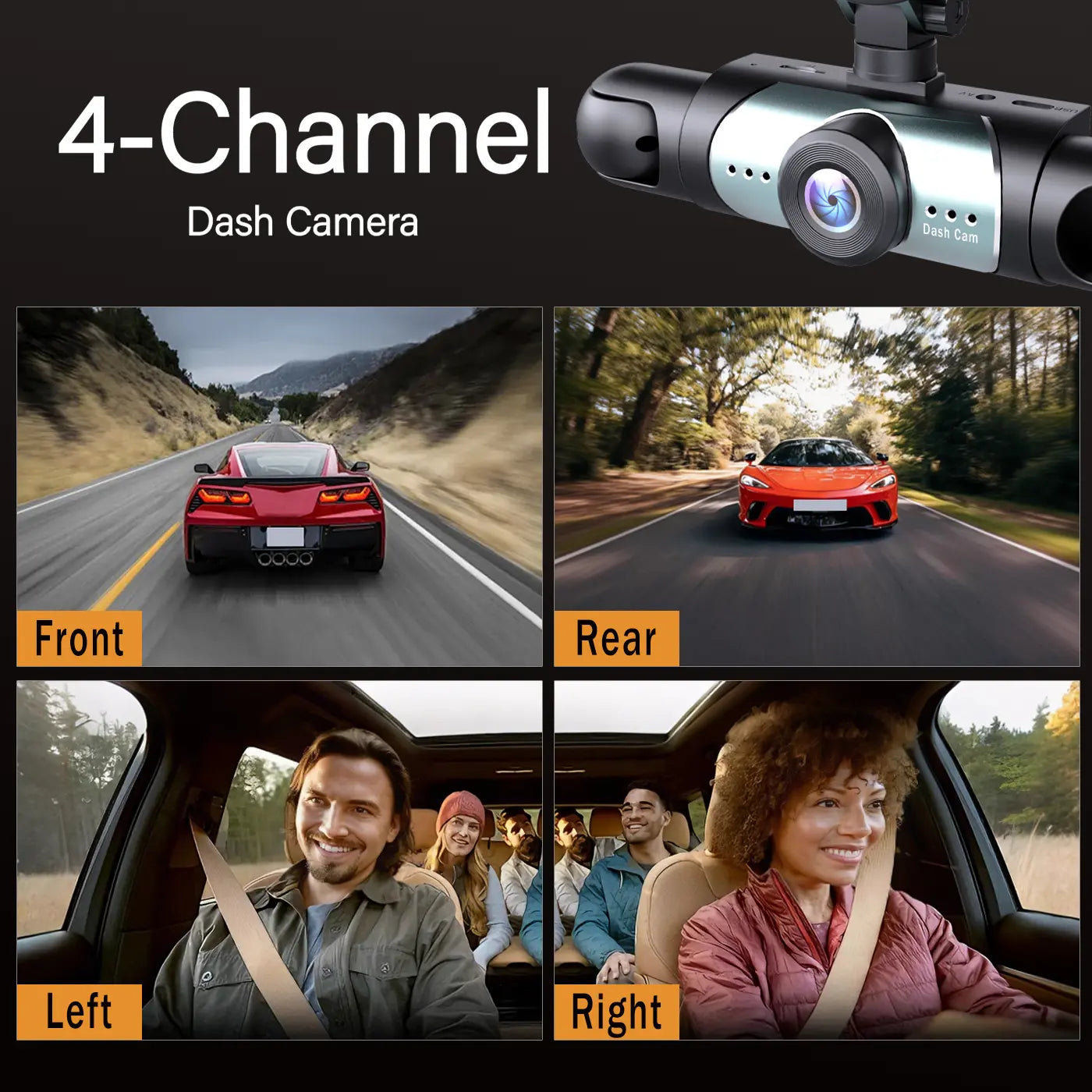 BCUOZ 4-Channel Dash Cam - 1080P Full HD Front + 720P Rear Coverage, Super Night Vision, G-Sensor, Includes Free 64GB Memory Card, 24H Parking Mode, Non-Wireless