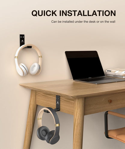 Foldable Headphone Stand and Headset Holder Mount with No-Scratch Silicone Pad Wall Hook for Gaming Headsets, Space-Saving Under Desk Hanger with Strong Adhesive for PC, Home, and Office, Black
