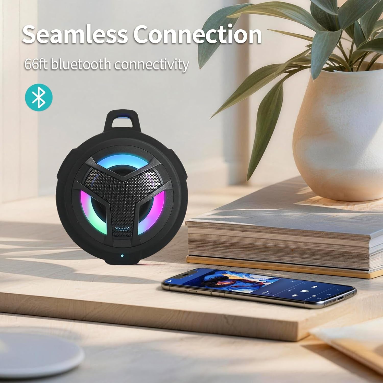 Bluetooth Shower Speaker - Portable IP67 Waterproof Wireless Speaker with LED Light, Floating Design, 2000mAh Battery, True Wireless Stereo for Kayaking and Beach Use - Black