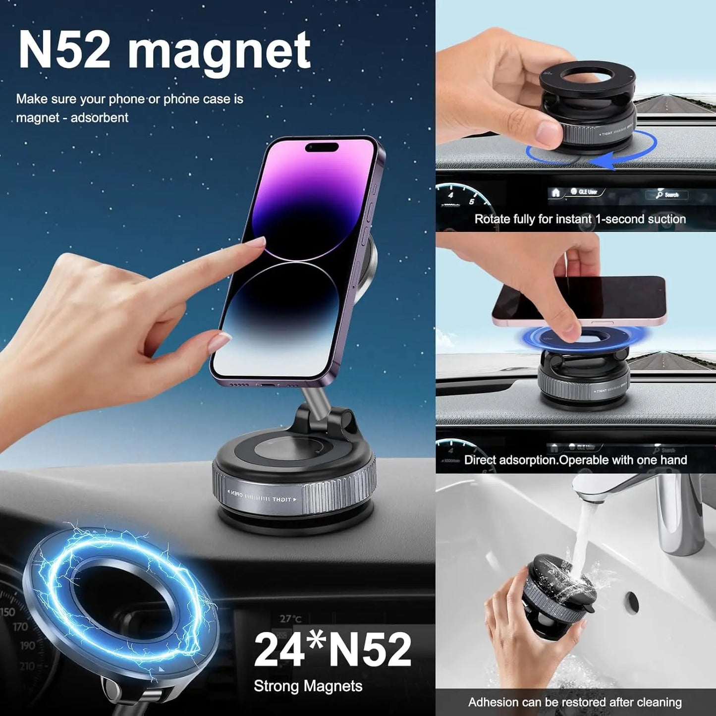 Vacuum Magnetic Suction Phone Holder, Foldable and Retractable Hands-Free Suction Cup Phone Mount for Car/Gym/Mirror/Smooth Surface, Compatible with Iphone Android and All Smartphones