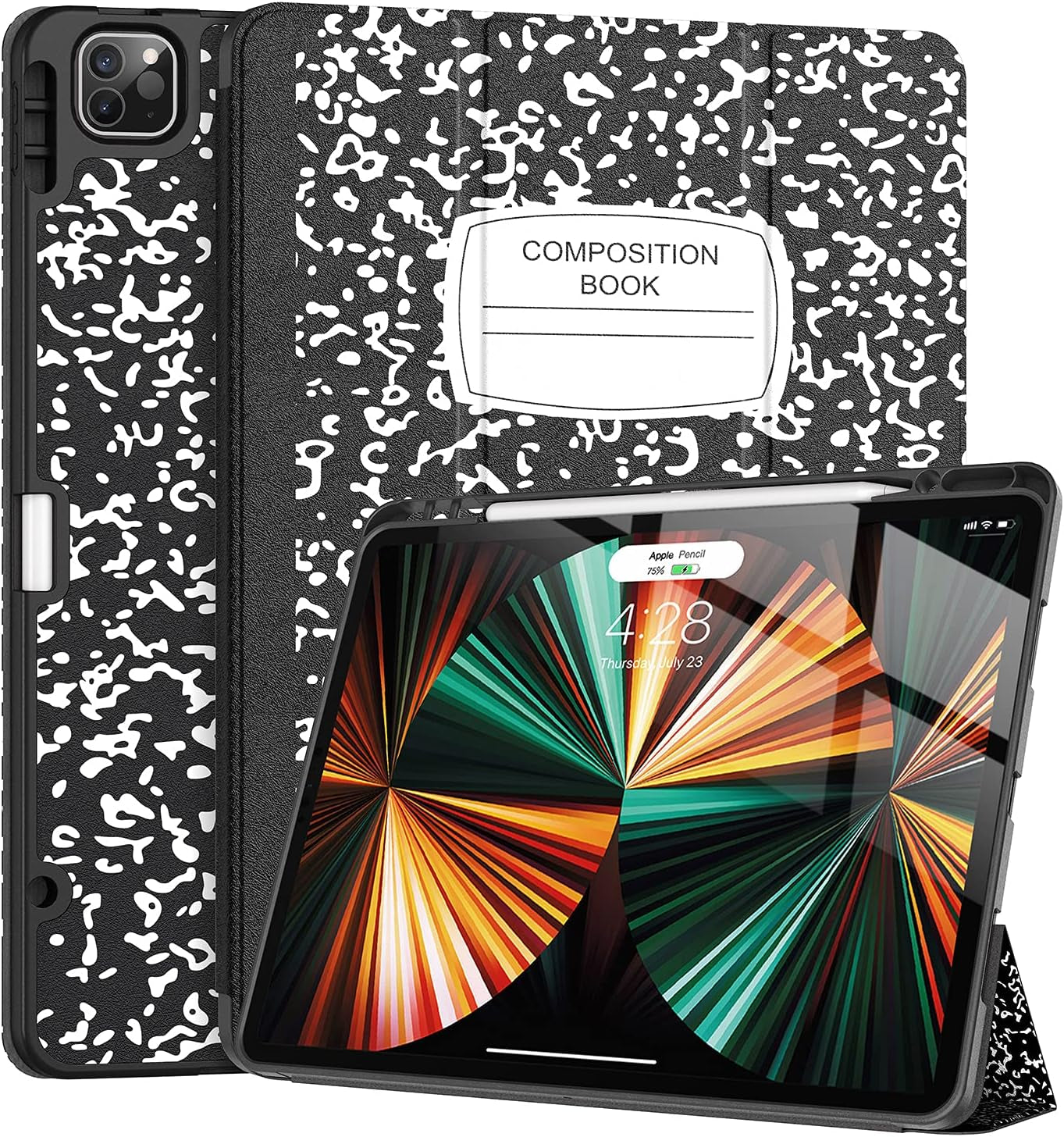 iPad Pro 12.9 Case (2021/2022, 5th/6th Generation) with Pencil Holder, Slim Lightweight Trifold Stand, Soft TPU Back Cover with Pencil Charging and Auto Sleep/Wake Function
