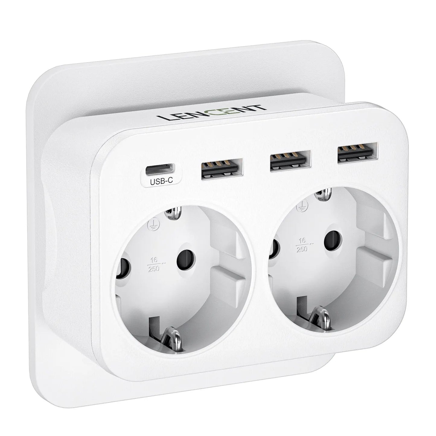 LENCEN EU Wall Socket Extender with Dual AC Outlets, Three USB Ports, and 5V 2.4A Type-C Power Charger Adapter featuring Overload Protection for Home and Office Use