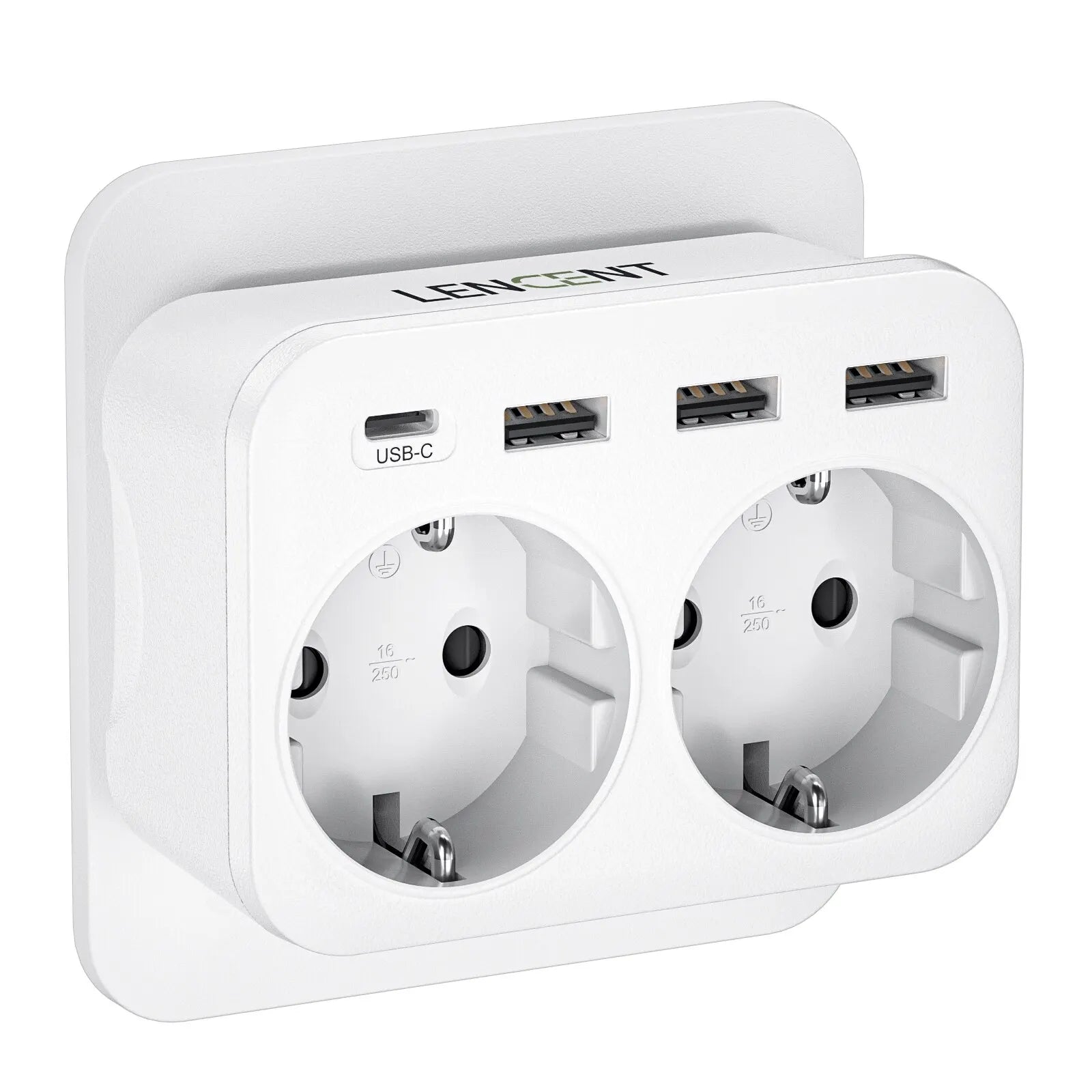 LENCEN EU Wall Socket Extender with Dual AC Outlets, Three USB Ports, and 5V 2.4A Type-C Power Charger Adapter featuring Overload Protection for Home and Office Use