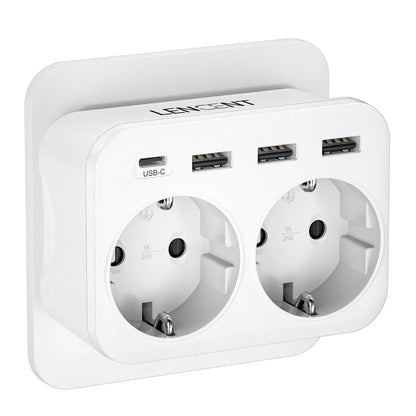 LENCEN EU Wall Socket Extender with Dual AC Outlets, Three USB Ports, and 5V 2.4A Type-C Power Charger Adapter featuring Overload Protection for Home and Office Use
