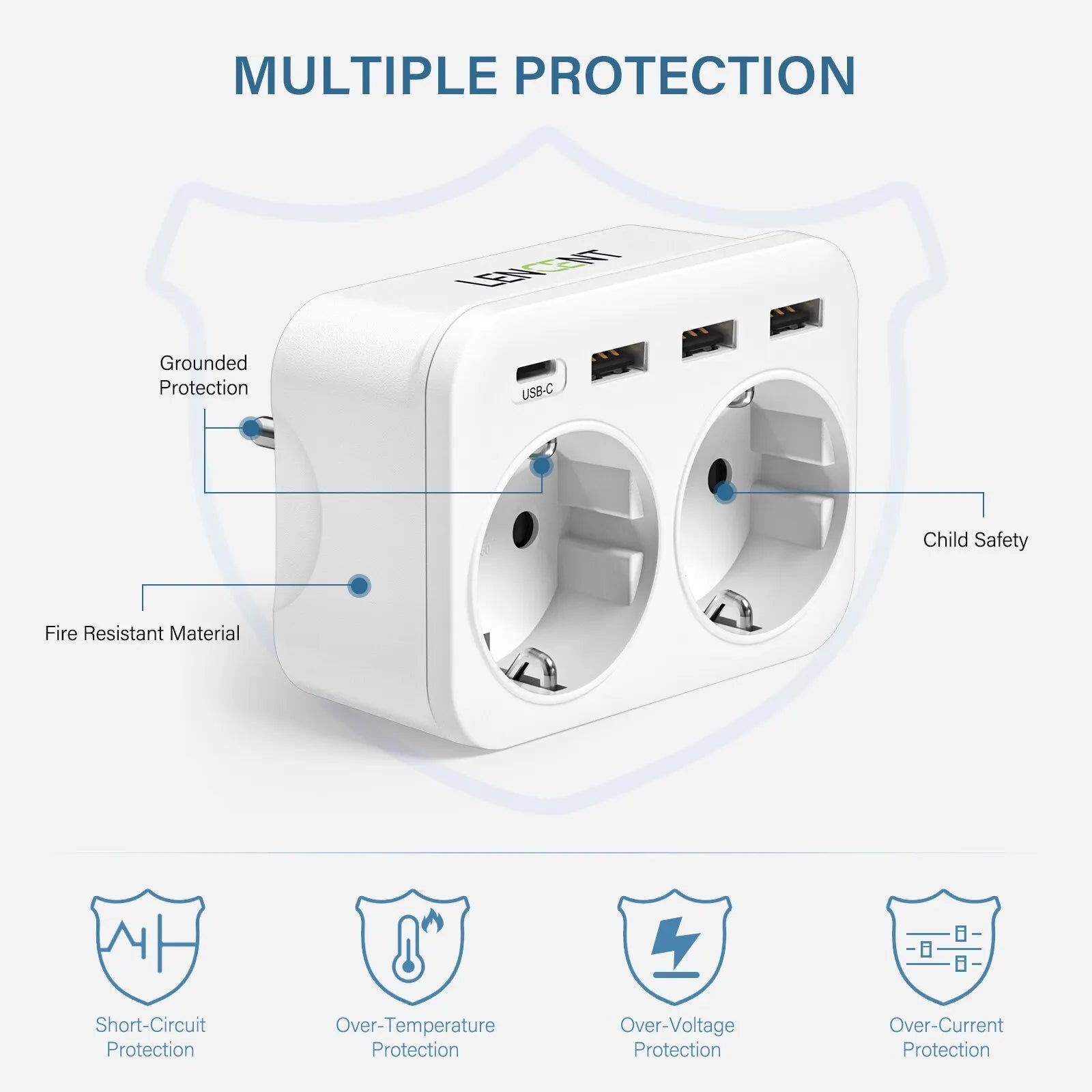 LENCEN EU Wall Socket Extender with Dual AC Outlets, Three USB Ports, and 5V 2.4A Type-C Power Charger Adapter featuring Overload Protection for Home and Office Use
