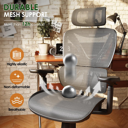 Ergonomic Mesh Office Chair for Big and Tall Users with Lumbar Support, 3D Adjustable Armrests, 215° Rotation, Adjustable Headrest, and Comfortable Seat, Supports Up to 350 lbs, Ideal for Work and Gaming, Grey