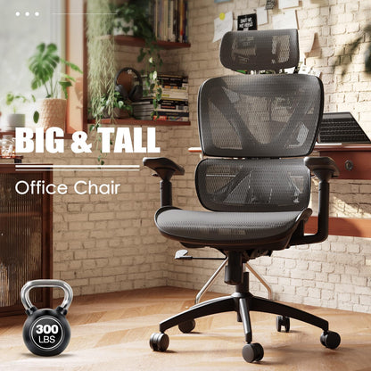 Ergonomic Mesh Office Chair for Big and Tall Users with Lumbar Support, 3D Adjustable Armrests, 215° Rotation, Adjustable Headrest, and Comfortable Seat, Supports Up to 350 lbs, Ideal for Work and Gaming, Grey
