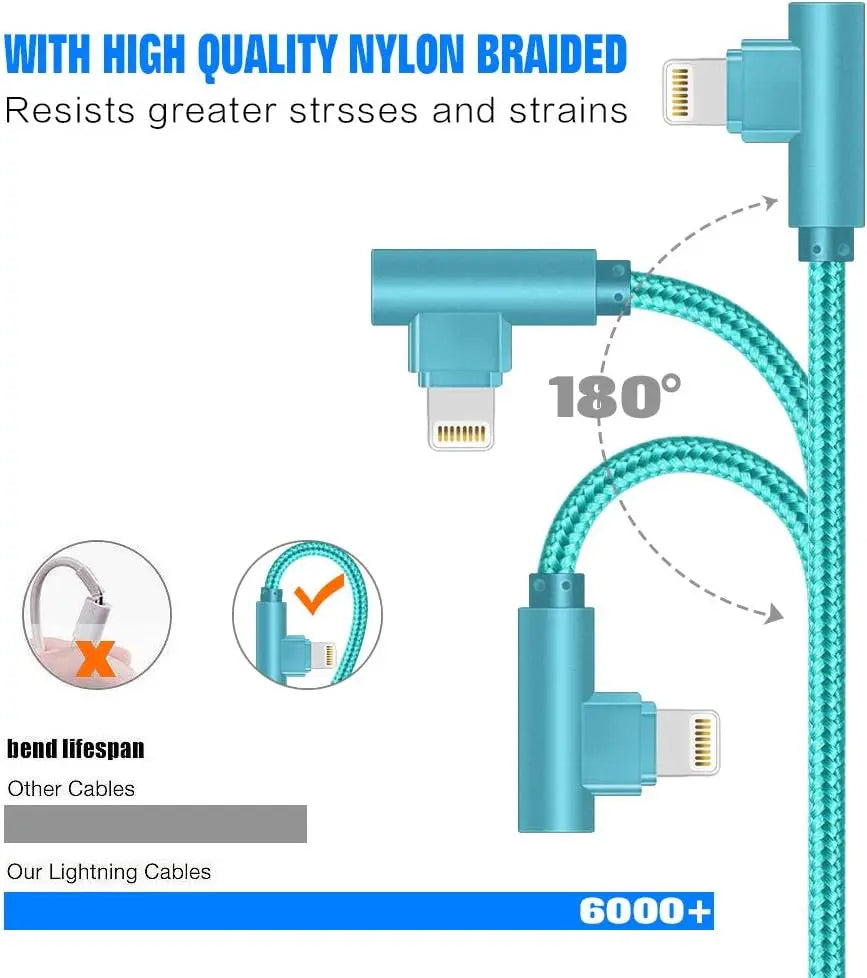 Right Angle Lightning Cable 3-Pack - 90 Degree 6FT Nylon Braided Fast Charging Cord, Compatible with iPhone 14/13/12/11/XS/MAX/X/8/7/6 and Other Electronic Devices, Durable Charging Solution for Gaming and More