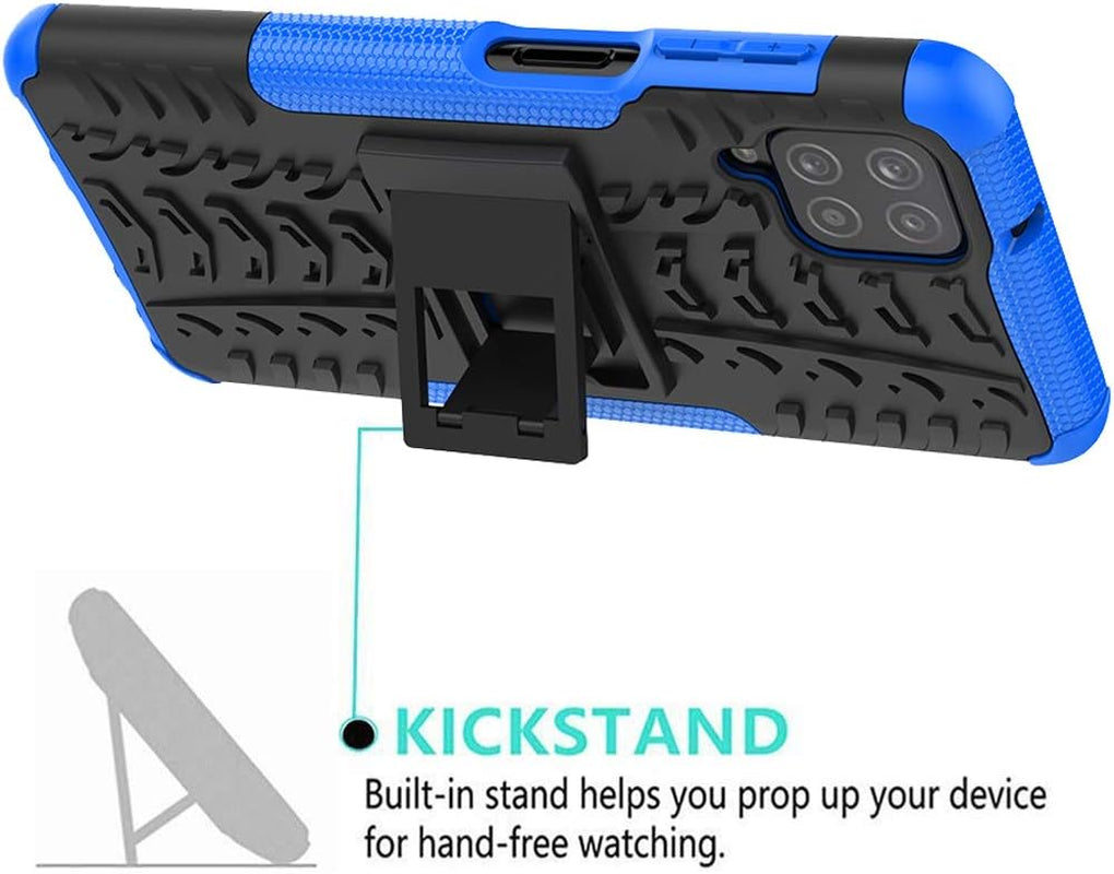 Samsung Galaxy A12 Rugged Dual Layer Protective Case with HD Screen Protector and Kickstand - Shockproof Design (Blue)