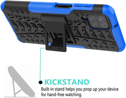 Samsung Galaxy A12 Rugged Dual Layer Protective Case with HD Screen Protector and Kickstand - Shockproof Design (Blue)