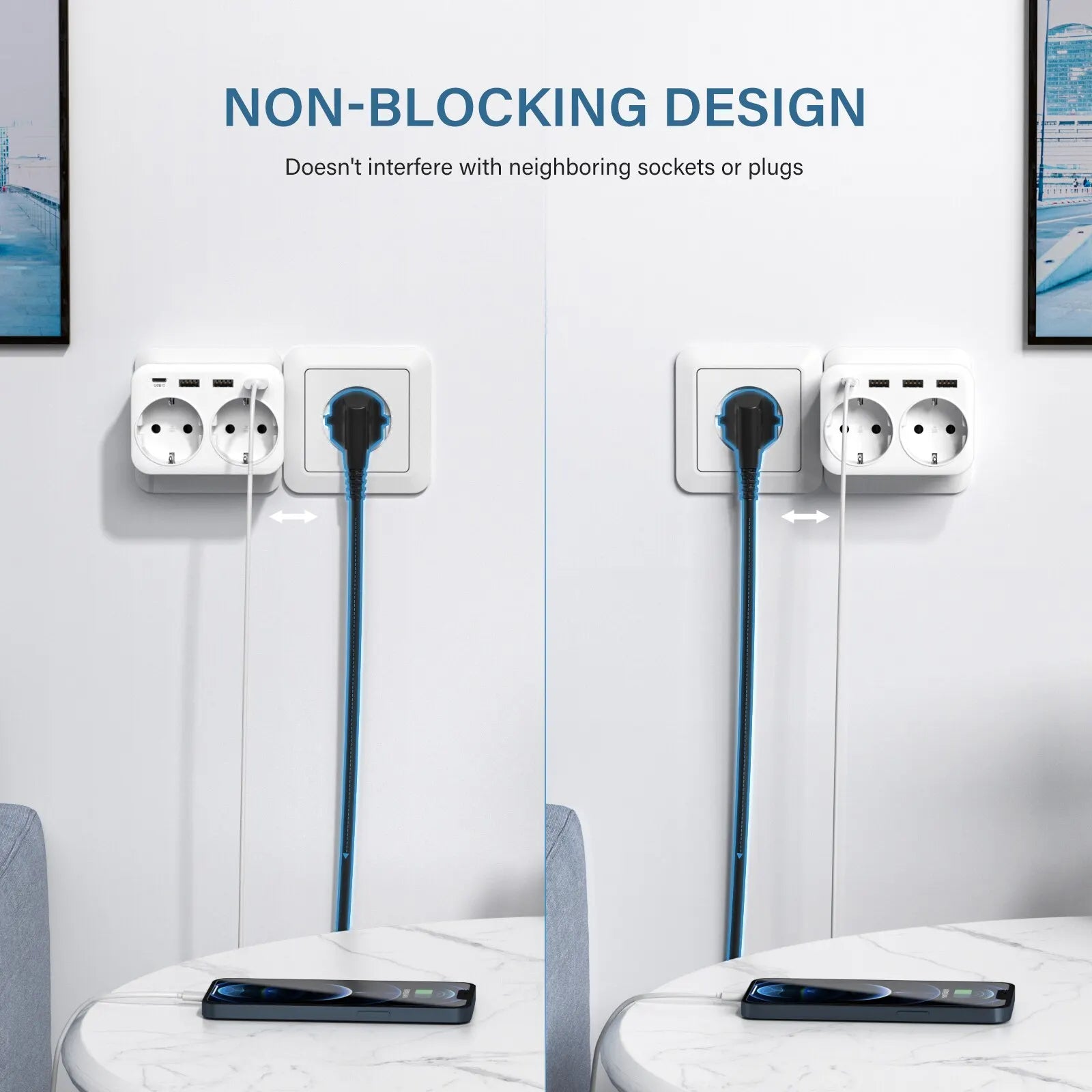 LENCEN EU Wall Socket Extender with Dual AC Outlets, Three USB Ports, and 5V 2.4A Type-C Power Charger Adapter featuring Overload Protection for Home and Office Use