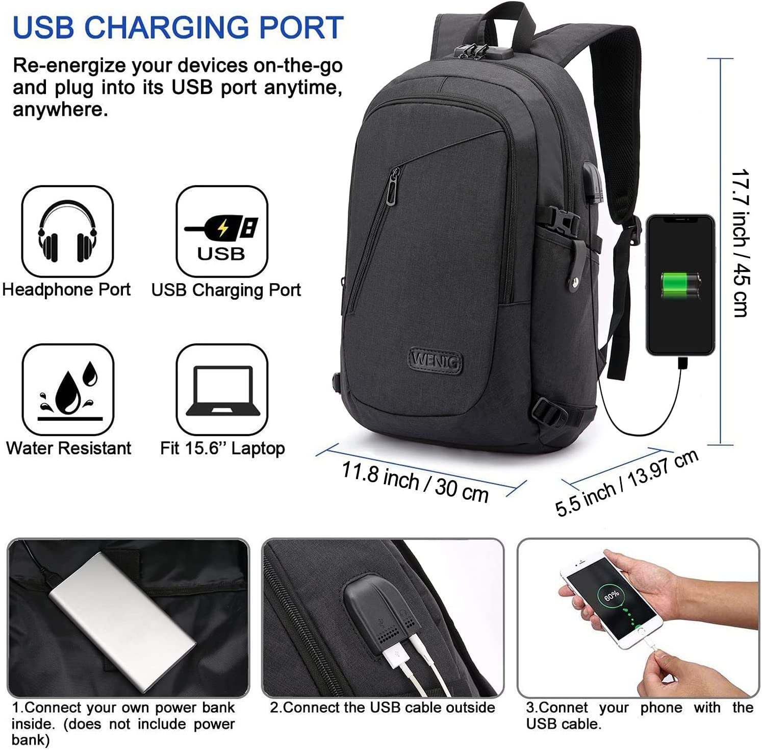 Anti-Theft Water-Resistant Laptop Backpack with USB Charging Port, Slim Design for 15.6 Inch Laptops, Ideal for Travel and Work