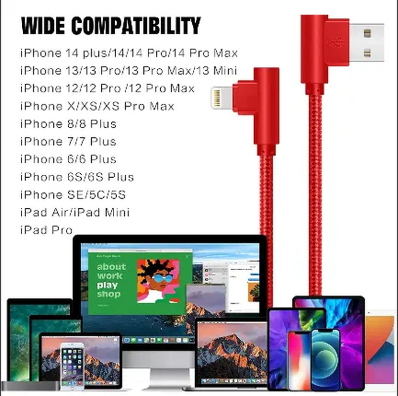 Right Angle Lightning Cable 3-Pack - 90 Degree 6FT Nylon Braided Fast Charging Cord, Compatible with iPhone 14/13/12/11/XS/MAX/X/8/7/6 and Other Electronic Devices, Durable Charging Solution for Gaming and More