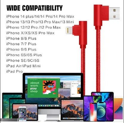 Right Angle Lightning Cable 3-Pack - 90 Degree 6FT Nylon Braided Fast Charging Cord, Compatible with iPhone 14/13/12/11/XS/MAX/X/8/7/6 and Other Electronic Devices, Durable Charging Solution for Gaming and More
