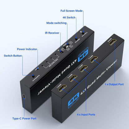 ACHAVE 4x1 HDMI Multiviewer Switch - Quad Multi-Viewer with Seamless Switching, Remote Control, 1080P/4K Resolution, and Five Display Modes for Security and Gaming Applications