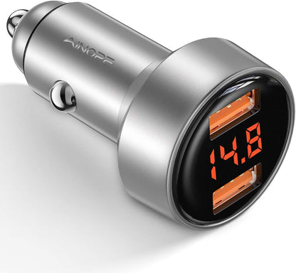 Dual QC3.0 6A/36W USB Car Charger Adapter with Voltage Display, All-Metal Design, Compatible with iPhone 11/11 Pro/Xr/X/Xs/8 and Galaxy Note 8/S9/S10+/S8 - Silver