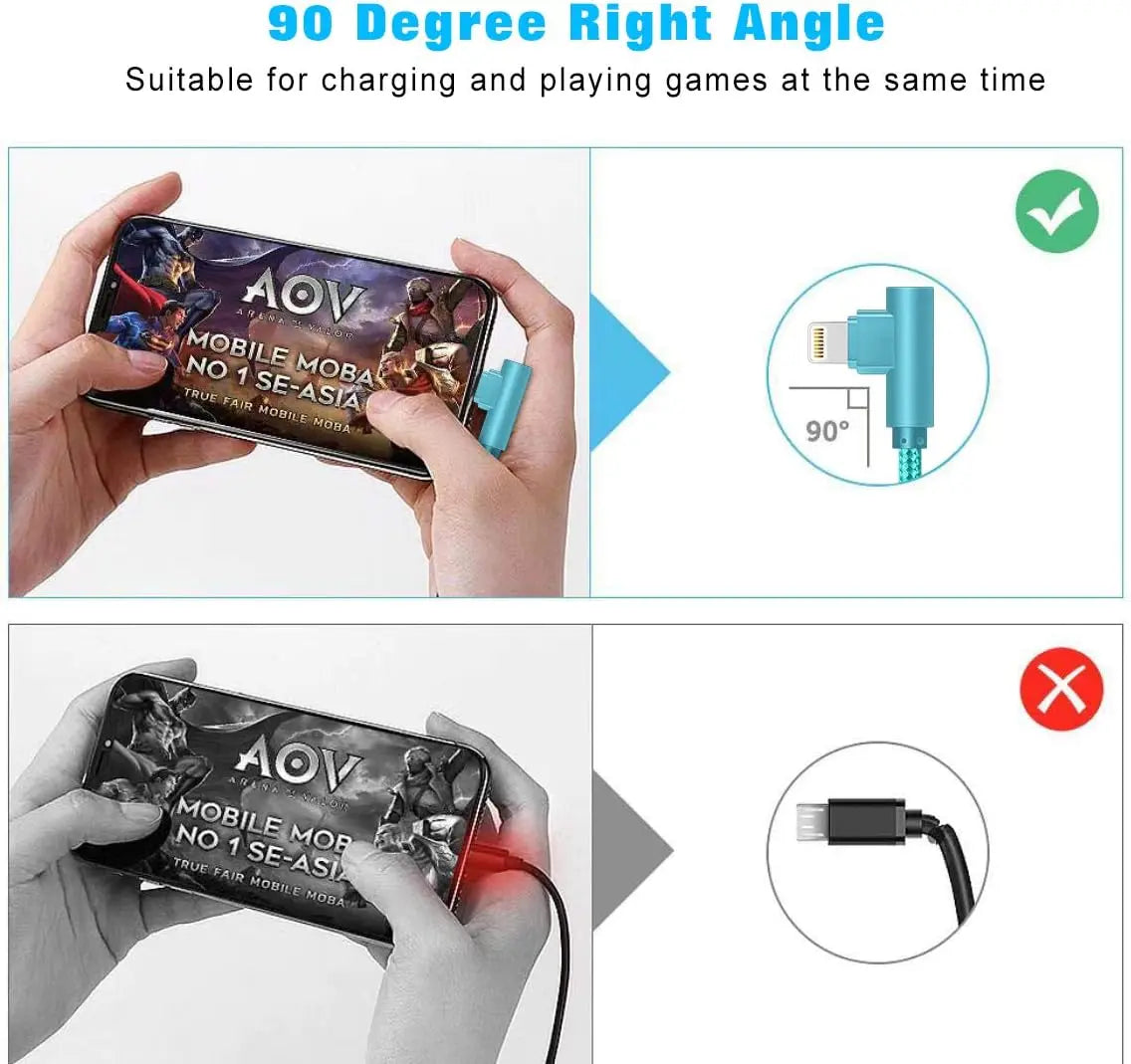 Right Angle Lightning Cable 3-Pack - 90 Degree 6FT Nylon Braided Fast Charging Cord, Compatible with iPhone 14/13/12/11/XS/MAX/X/8/7/6 and Other Electronic Devices, Durable Charging Solution for Gaming and More