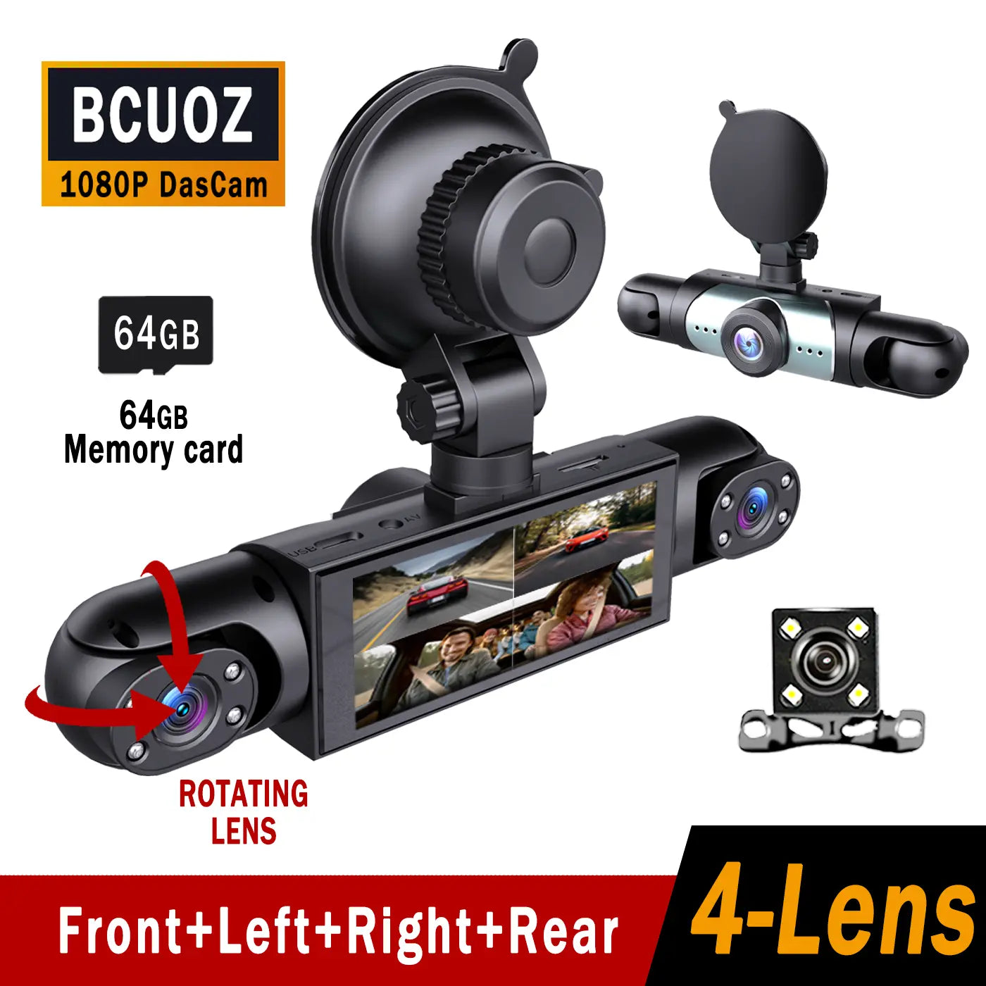 BCUOZ 4-Channel Dash Cam - 1080P Full HD Front + 720P Rear Coverage, Super Night Vision, G-Sensor, Includes Free 64GB Memory Card, 24H Parking Mode, Non-Wireless