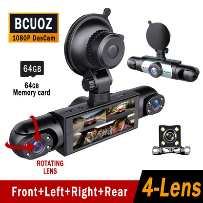 BCUOZ 4-Channel Dash Cam - 1080P Full HD Front + 720P Rear Coverage, Super Night Vision, G-Sensor, Includes Free 64GB Memory Card, 24H Parking Mode, Non-Wireless