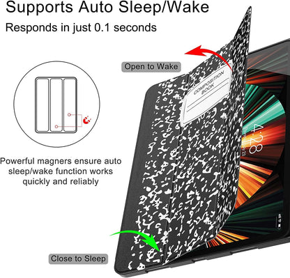 iPad Pro 12.9 Case (2021/2022, 5th/6th Generation) with Pencil Holder, Slim Lightweight Trifold Stand, Soft TPU Back Cover with Pencil Charging and Auto Sleep/Wake Function