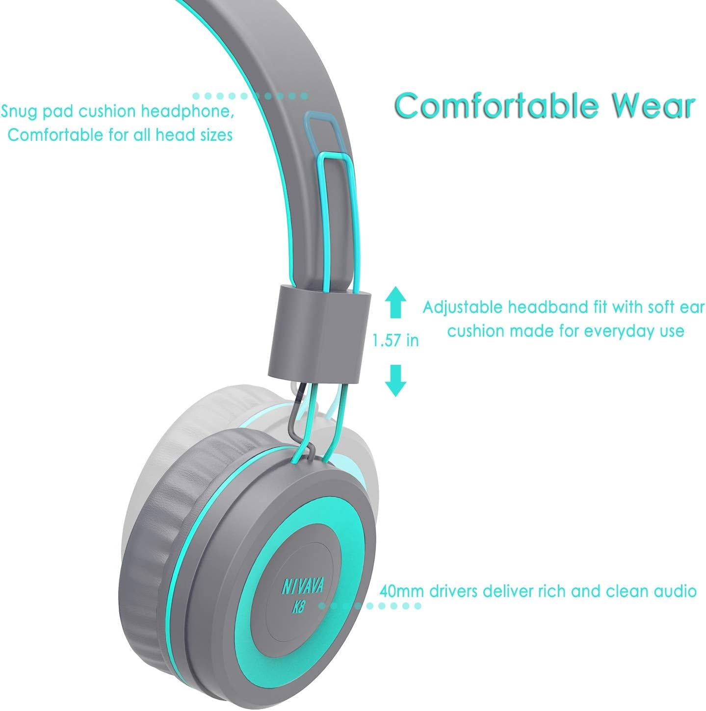 K8 Wired Headphones for Kids with Adjustable Headband and 3.5mm Jack - Foldable On-Ear Headset for School, Travel, and Compatible with Kindle, Tablets, and Cellphones (Dark Gray)